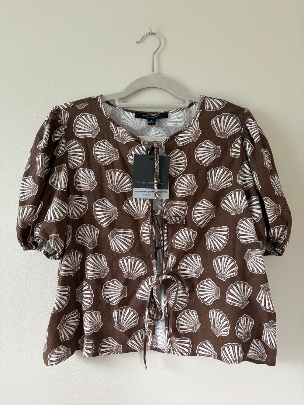 Marc New York Brown Shell-Print Linen Tie-Front Blouse